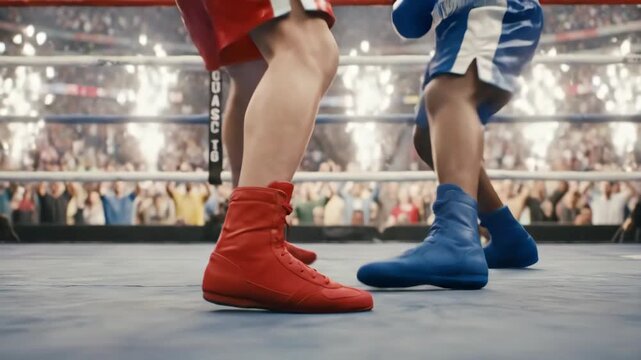 The boxers' legs are moving in the ring, a tense scene in the ring with focused boxers and a lively crowd, the audience applauds, fireworks are visible from behind