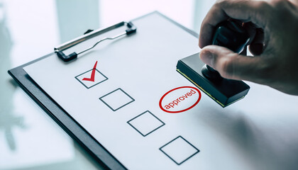 Order Approval Stamp Marks Form on Clipboard Tabletop Demonstrating Verification Completeness