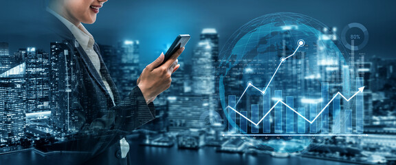 A businesswoman interacts with her smartphone in a modern urban setting, overlaid with digital graphs showcasing financial growth and data analysis. Scalp