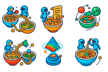 Soup Journey Paths. Isometric vector illustration set Soup recipes as travel routes: floating noodle bridges connecting soup bowls