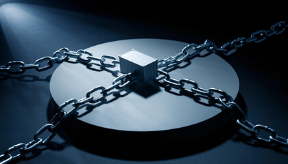 Shipping container model restricts chained logistics on dark surface displaying supply issues transportation worldwide