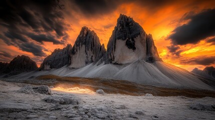 Majestic jagged mountain peaks under a dramatic fiery sunset sky with dramatic clouds and rugged terrain