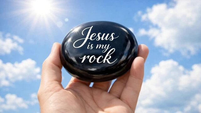 Jesus Is My Rock Concept: Hand Holding Black Obsidian Stone with Christian Text against Blue Sky