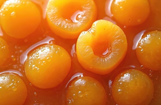 Whole and halved ripe apricots swim in sweet syrup. Tiny water droplets cling to fruit. Juicy texture forms background for recipe or dessert.