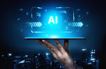 Concept of advanced Artificial Intelligence technology. A futuristic heads-up display shows the core system processing data, representing machine learning and complex analysis. Fermion