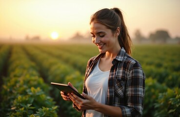 Young woman farmer checks digital tablet in field at sunrise. She smiles, using tech for smart farming, analyzing crop growth. Modern agriculture at rural farm.