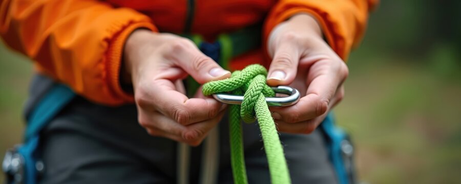 Person tying climbing knot with rope and carabiner outdoors. Climber learns safety technique for rappelling or rescue situations in nature. Detail of hands performing secure loop.