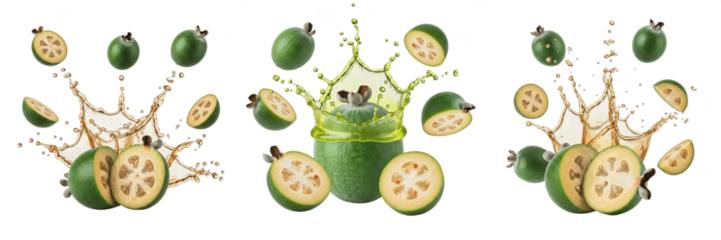 Feijoa fruit Acca sellowiana, feijoa with juice splash, pineapple guava guavasteen green oval tropical fruit oil paint