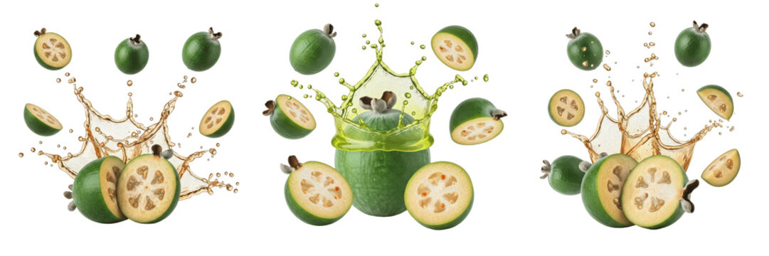 Feijoa fruit Acca sellowiana, feijoa with juice splash, pineapple guava guavasteen green oval tropical fruit oil paint