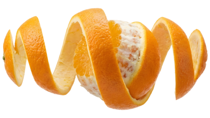 Wide exploded view of peeled orange with floating spiral peel slices on black background