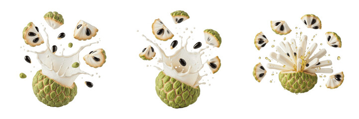 Custard apple fruit Annona reticulata Annona squamosa, custard apple with juice splash, sugar apple sitaphal bullock heart oil paint