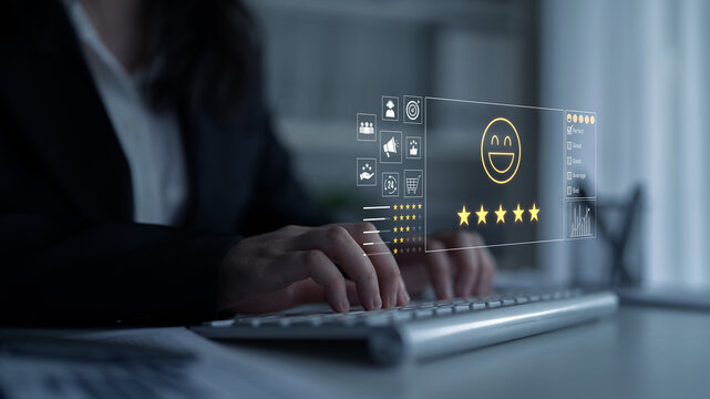 Customer feedback and satisfaction rating system showing star review, happy face, performance score, and service evaluation to improve customer experience Latch