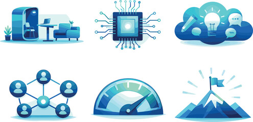 Modern Workspace Elements. Future-oriented office composition expressing modern ways of working, six symbolic objects arranged in