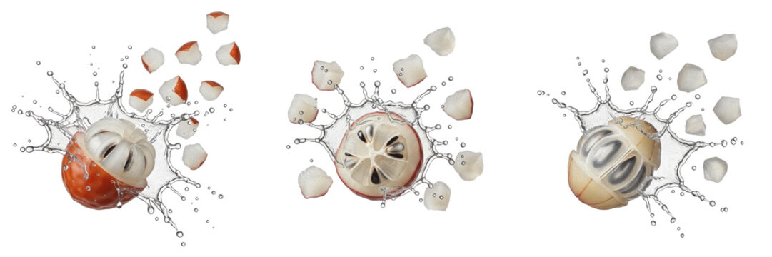 Ice apple fruit Borassus flabellifer, ice apple with juice splash, palmyra fruit tadgola palm jelly seed oil paint
