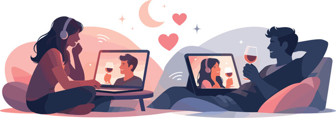 Virtual Date Connection. Intimate long-distance date moment captured through glowing devices and relaxed joyful silhouettes,