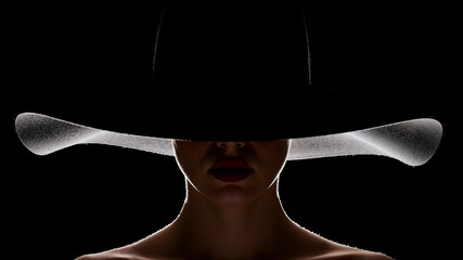 Model in large black felt hat obscuring eyes with wide brim  