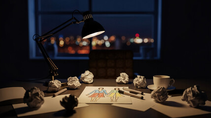 Designer's workspace late at night with sketches and crumpled paper  