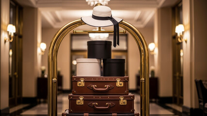 Brass luggage cart in hotel loaded with vintage leather suitcases and hat boxes  