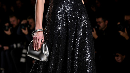 Woman holding silver metallic evening clutch in front of sequin dress  