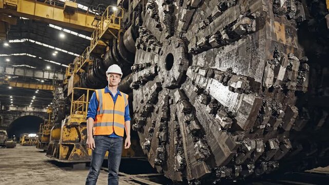 Male worker in safety gear examines a massive tunnel boring machine cutter head in an industrial plant. Perfect for engineering, mining, and heavy construction industry concepts.