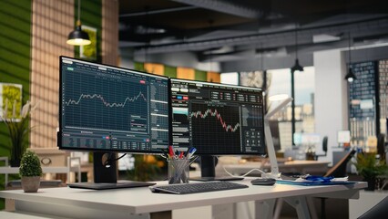 Computer screens displaying stock market charts in proprietary firm office. Brokerage business workspace desk setup used for stock exchange analysis and strategy planning