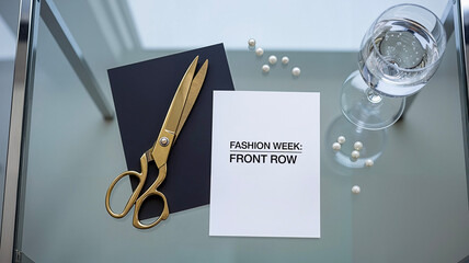 Golden scissors on glass table with fashion week invitation card  