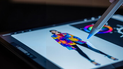 Colorful digital illustration of model on tablet screen being edited  