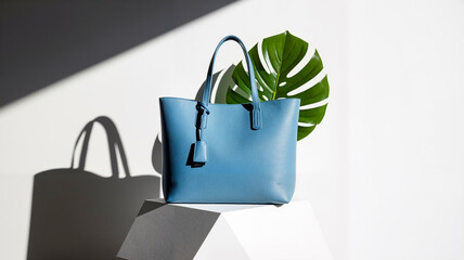 Light blue tote bag displayed on white geometric stand with leaf  