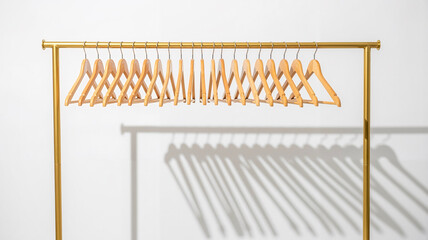 Metal clothing hanger rack with wooden hangers and shadows  
