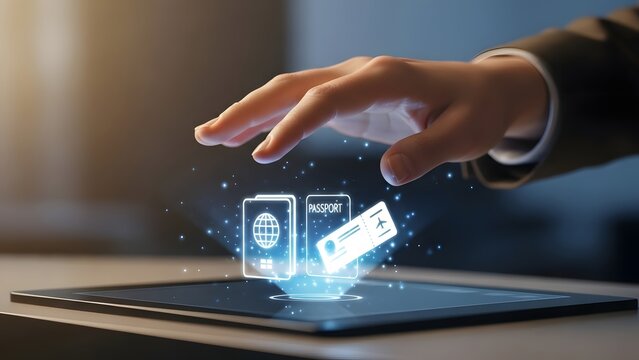 Digital travel documents and booking confirmation appearing on a tablet device held by a person, symbolizing modern travel planning and e-tickets - Powered by Adobe