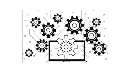 Obraz premium Laptop with gears and cogs on screen in black and white technology concept
