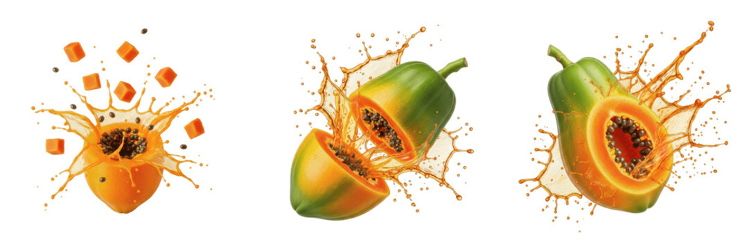 Mountain papaya fruit Vasconcellea pubescens Carica pubescens, mountain papaya with juice splash, papayuelo highland papaya tropical yellow fruit oil paint