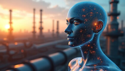 Humanoid robot with glowing circuits looks over industrial complex at sunset. AI meets industry, future energy production, automation, and manufacturing development. Advanced tech.