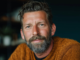 Close-Up Portrait of a Bearded Middle-Aged Man with Blue Eyes Wearing a Brown Sweater Indoors