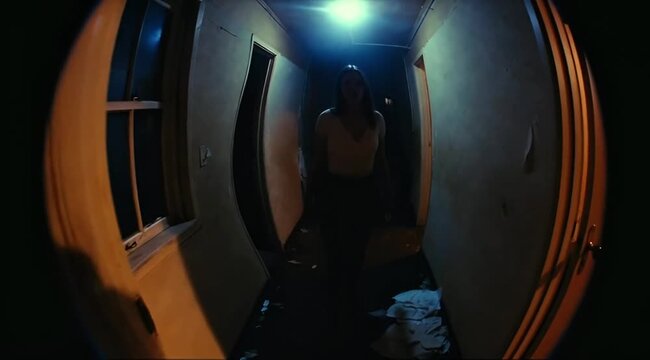 Woman walks down dark hallway with flashlight on ceiling