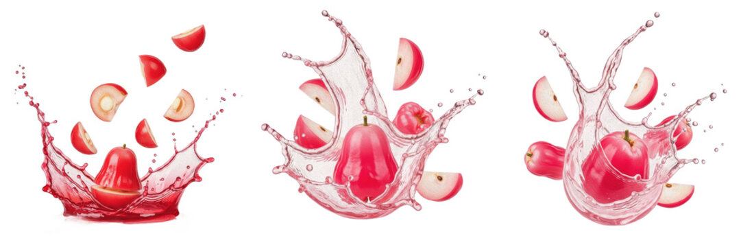 Water apple fruit Syzygium aqueum, water apple with juice splash, wax apple java plum look-alike tropical bell fruit oil paint