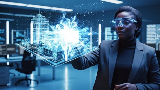 Female architect uses smart glasses interacting with 3D holographic building model. Futuristic high-tech office setting suitable for innovation, engineering and construction concepts.