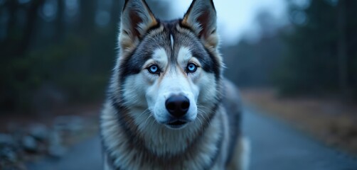 Close up of husky dog with bright blue eyes standing on path in forest at dusk. Its thick fur coat looks soft. Dog is looking directly at camera.