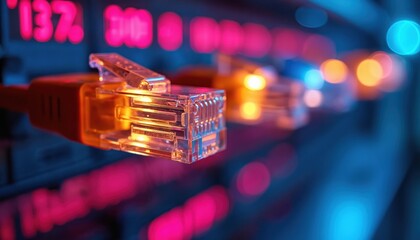 Close up of illuminated network cable connectors in server rack. Blurry glowing lights indicate data transfer and digital communication. Technology abstract background in dark room.