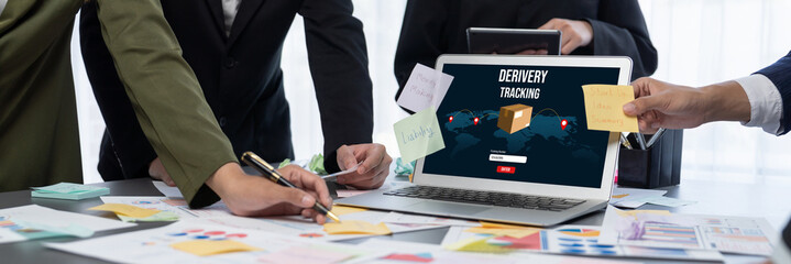 Analyst team use sticky note for creative and analytic brainstorm for business idea with BI data dashboard on laptop screen. Analysis financial data visualization tech for marketing strategy. Prodigy