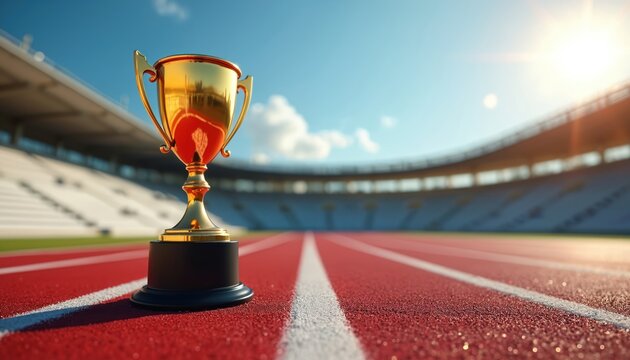 Golden trophy sits on athletic track in stadium. Represents sports win, achievement, and success. Perfect for event, competition, or championship themes. Victory symbol.