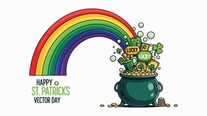 A vibrant St. Patrick's Day illustration featuring a pot of gold overflowing with lucky charms and money, cascading from a colorful rainbow. © Muginandaru