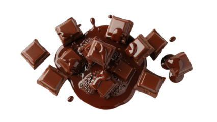 Fragmented chocolate chunks melting heat isolated realistic high detail sweet temptation for commercial useIsolated on white