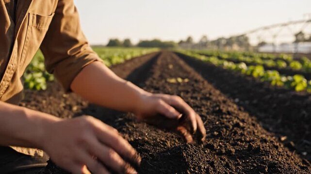 Close up farmer hands holding rich black soil field sunset. Concept agriculture growth harvest. Perfect farming eco themes.