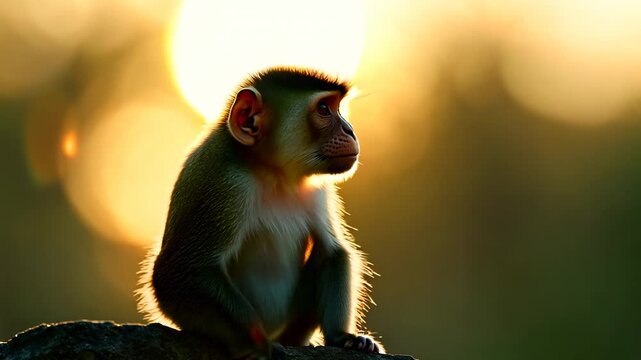 A monkey sits gracefully on a rock, gazing into the distance as the sun sets behind it. The monkey's curious expression and the sunset create a peaceful and captivating scene.