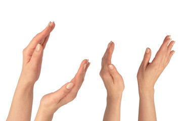 Woman hands  isolated on a white background. Nude nail polish.