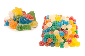 Assorted gummy candies isolated on a white background. Top view.