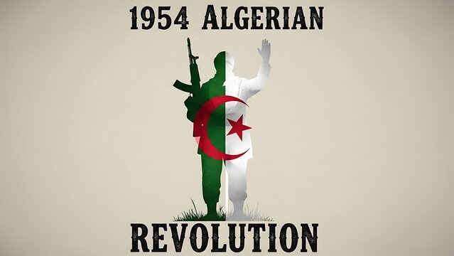 Algerian Revolution 1954 &ndash; Silhouette Soldier with Algerian Flag, November 1 Independence Struggle