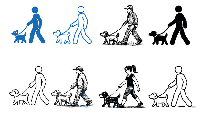 Hand drawn, line art, and icon dog walking illustrations set featuring people and their pets in various styles for pet care, exercise, and lifestyle designs