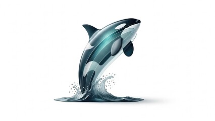 Fototapeta premium Minimalist translucent orca sculpture jumping with splash, oceanic blues, Whale Day celebration symbol